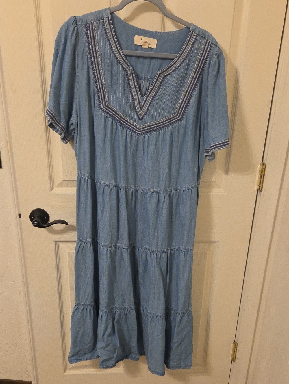 Westbound Light Blue Tiered Midi Dress with Embroidered Yoke Detail